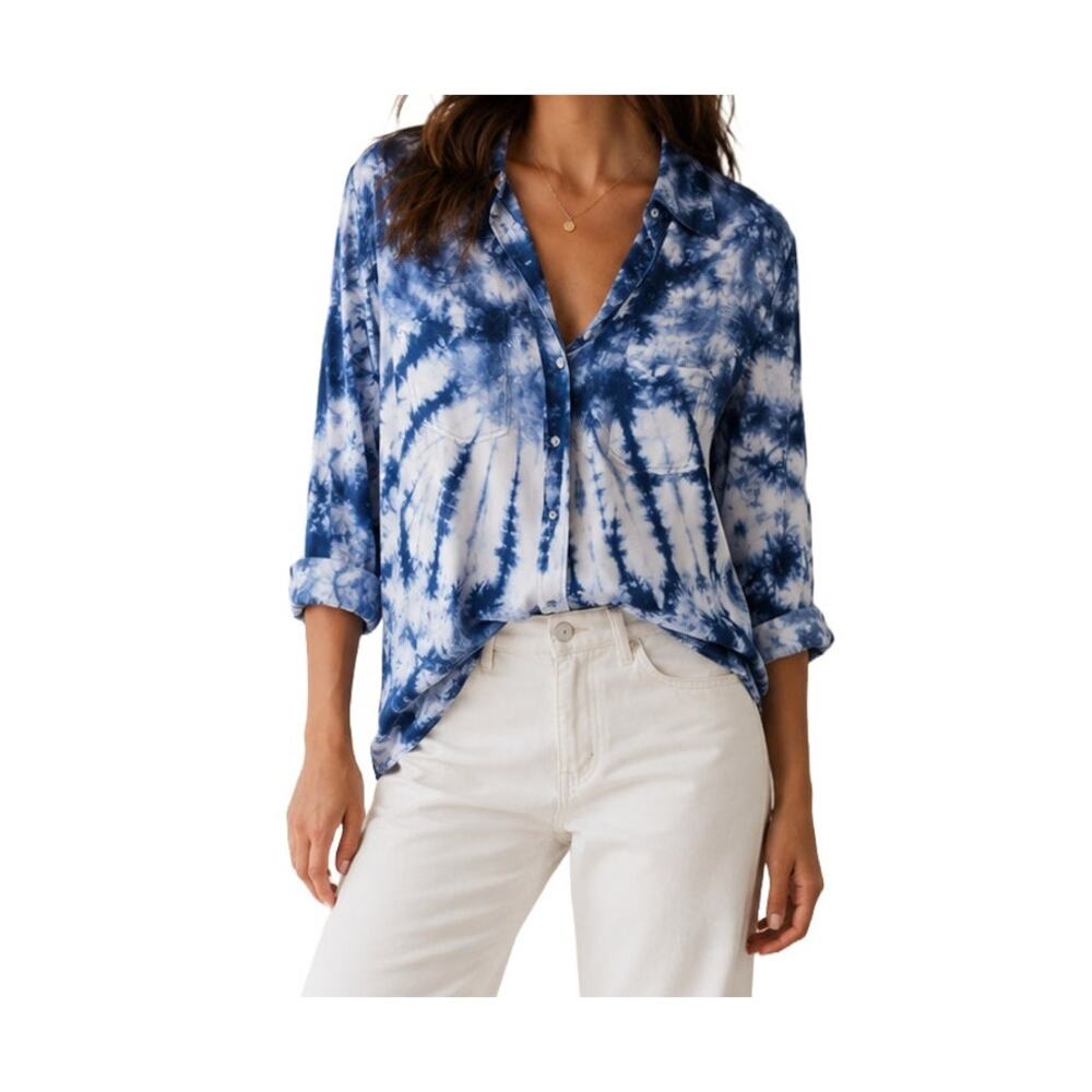 Aqua Blue Tie Dye Hi Lo Split Back Button Up Shirt Rayon Size M
